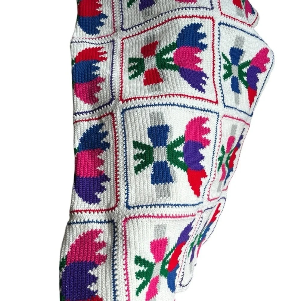 Hand~Knit Lap Afghan Throw White Bright Colors 71X51 New Tulips Floral Farmhouse